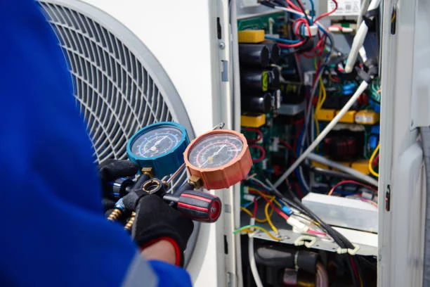 Technician checking refrigerant pressure gauges beside an open air conditioner